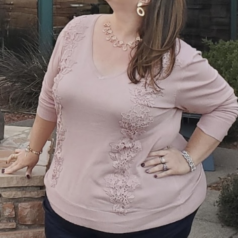 Lightweight Lane Bryant Sweater Raised Appliqué Embroidery Dusty Rose Pink 18/20 - Picture 2 of 16